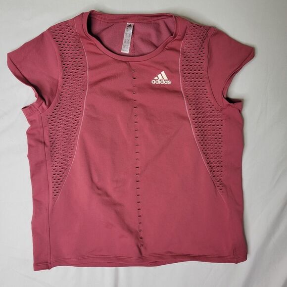 ADIDAS L 12 14 MAUVE PINK STRETCHY ATHLETIC CAP SLEEVE WORKOUT SHIRT TOP - Picture 1 of 6